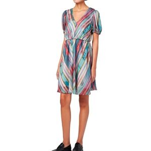 PS Paul Smith Women Stripe V Neck Puff Sleeve Elastic Waist Midi Dress Size 44